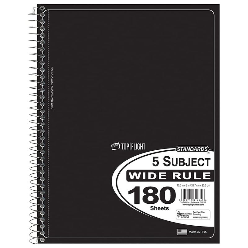 Top Flight Standards 5-Subject Wirebound Notebook, 180 Sheets, 3-Hole Punched, Wide Rule, 10.5 x 8 Inches, 1 Notebook, Color May Vary (31414) - Image 1